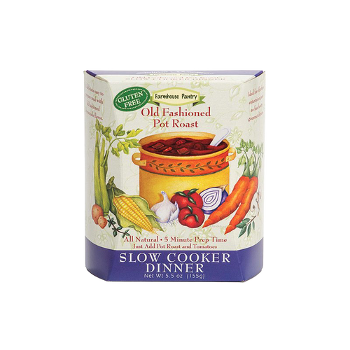 Packaging of a gluten-free farmhouse pantry slow cooker dinner mix for old-fashioned pot roast with illustrations of vegetables, part of Kitchen & Food, Dry Goods and Soups collections, USA made.