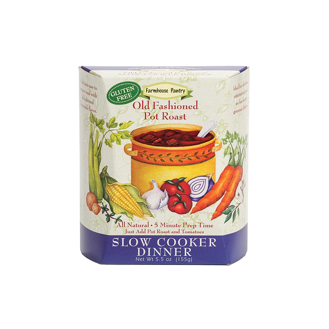 Packaging of a gluten-free farmhouse pantry slow cooker dinner mix for old-fashioned pot roast with illustrations of vegetables, part of Kitchen & Food, Dry Goods and Soups collections, USA made.