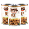 Three handcrafted cans of all natural, fully cooked beef from Lehman's, designed for Farm, Garden & Tool, Kitchen & Food, Emergency Supplies, Food, Meats, Best Sellers, and Promo Eligible collections.