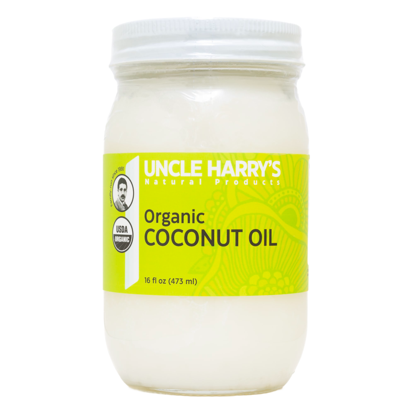 Handcrafted jar of organic coconut oil with bright yellow label, made in USA and featured in Health & Wellness, Kitchen & Food, Health Remedies, Pantry, Gluten Free, Best Sellers, and Promo Eligible collections.