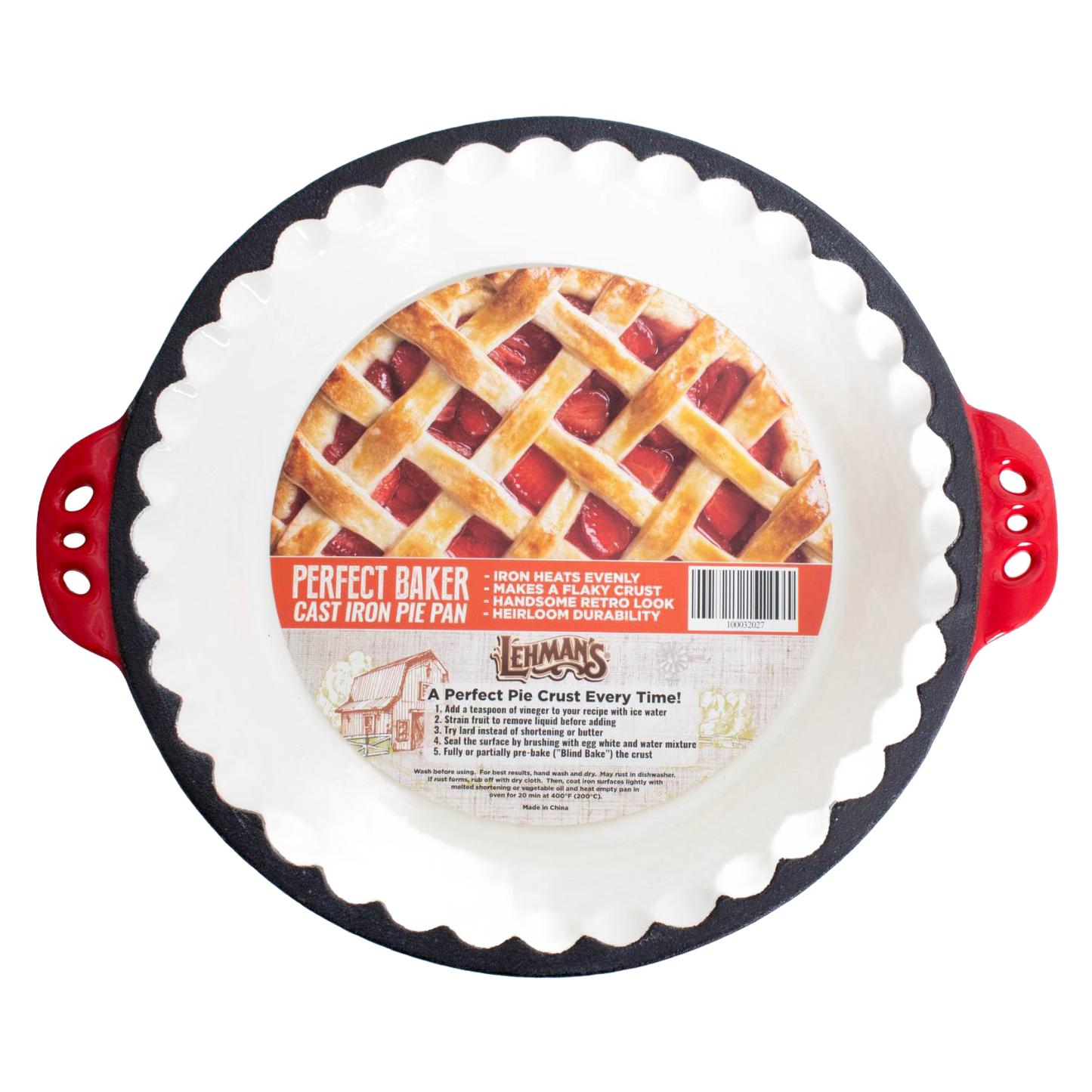 Handcrafted cast iron pie pan with decorative crimped edges and red handles, designed for even heating and durability, ideal for Kitchen & Food, Cookware, Cast Iron, Baking Supplies, Best Sellers, and Promo Eligible collections.
