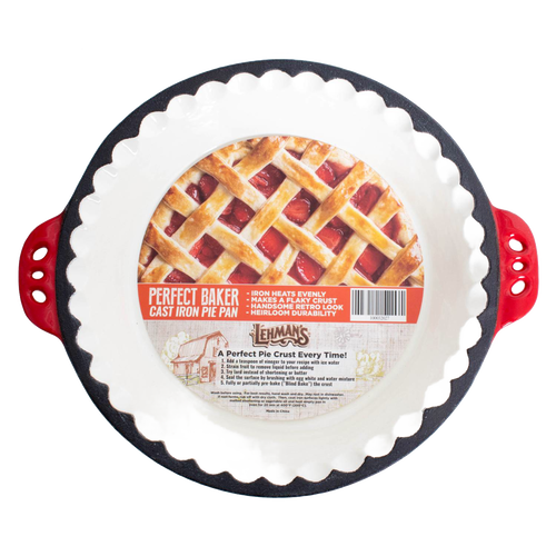 Handcrafted cast iron pie pan with decorative crimped edges and red handles, designed for even heating and durability, ideal for Kitchen & Food, Cookware, Cast Iron, Baking Supplies, Best Sellers, and Promo Eligible collections.