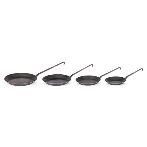 Set of four unique handcrafted wrought iron pans with long handles, designed for versatile cooking in Farm, Garden & Tool, Kitchen & Food, Camping, Cookware, Pots and Pans, Best Sellers, and Promo Eligible collections.