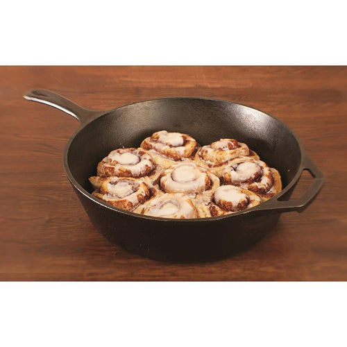 Black cast iron deep skillet with assist handle and long grip, filled with glazed cinnamon rolls, suitable for cooking, baking, and camping in Farm, Garden & Tool and Kitchen & Food collections.