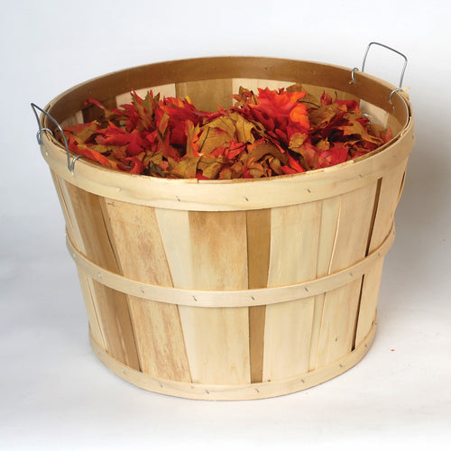 Handcrafted untreated poplar wood bushel basket with metal wire handles, filled with vibrant autumn leaves, ideal for Farm, Garden & Tool, Garden Accessories, USA Made, and Best Sellers collections.