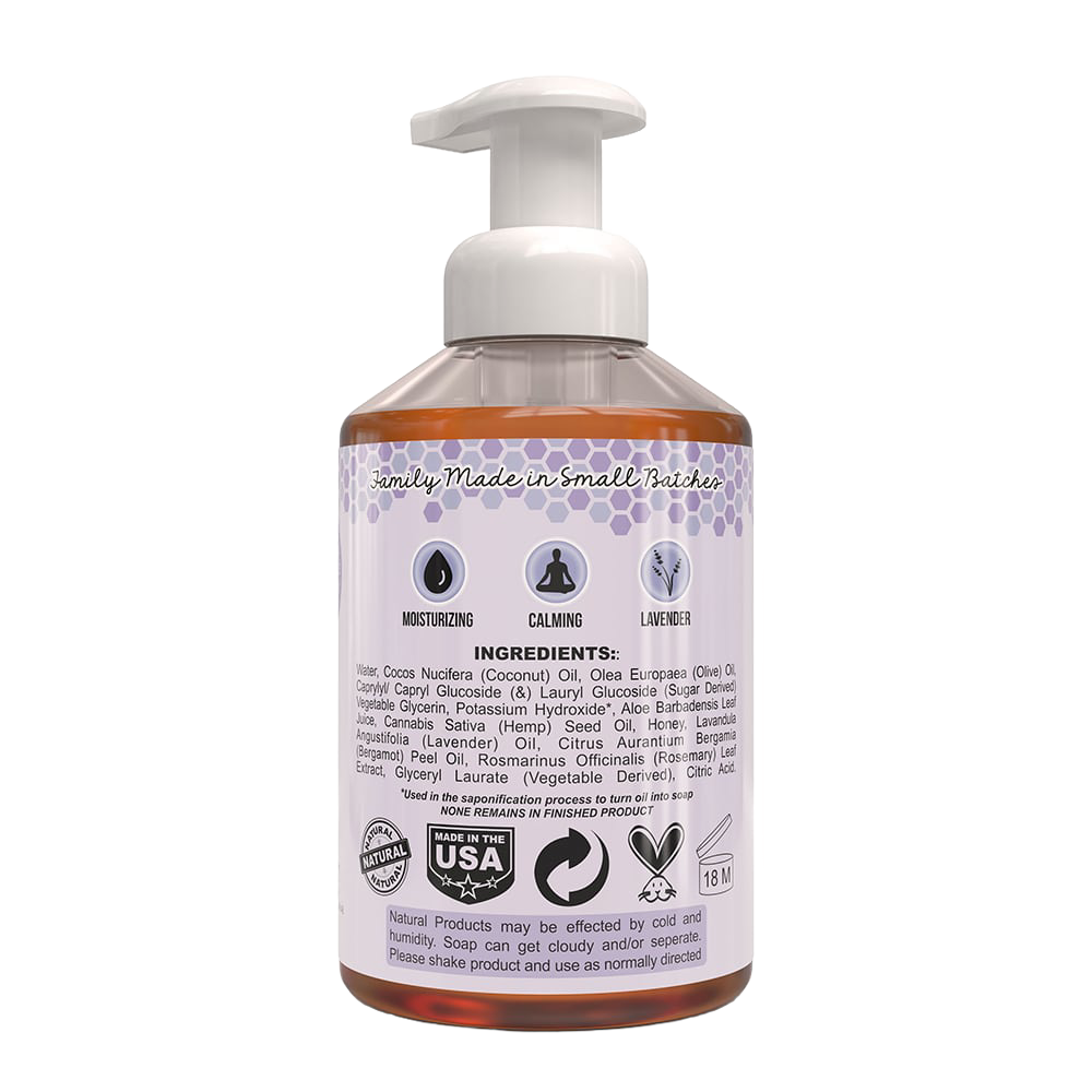 Bottle of handcrafted natural foaming hand soap made in USA with moisturizing and calming properties, featuring lavender scent, ideal for Health & Wellness, Soaps, and Best Sellers collections.