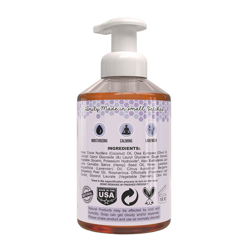 Bottle of handcrafted natural foaming hand soap made in USA with moisturizing and calming properties, featuring lavender scent, ideal for Health & Wellness, Soaps, and Best Sellers collections.