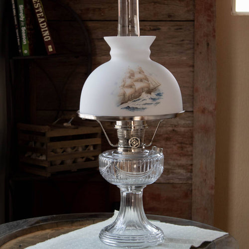 Handcrafted glass oil lamp shade with a detailed sailing ship design on frosted glass, perfect for Lamps & Lighting, Parts and Accessories, Lamp Shades, Best Sellers, and Promo Eligible collections.