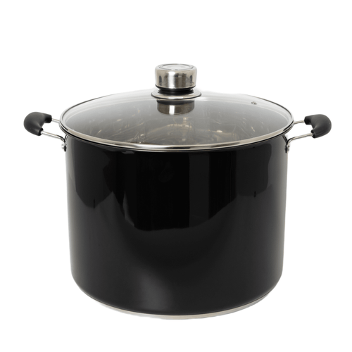 Black 21.5-quart water bath canner with glass lid featuring built-in temperature gauge and black handles, ideal for Kitchen & Food, Food Preservation, Canning, and Best Sellers collections.