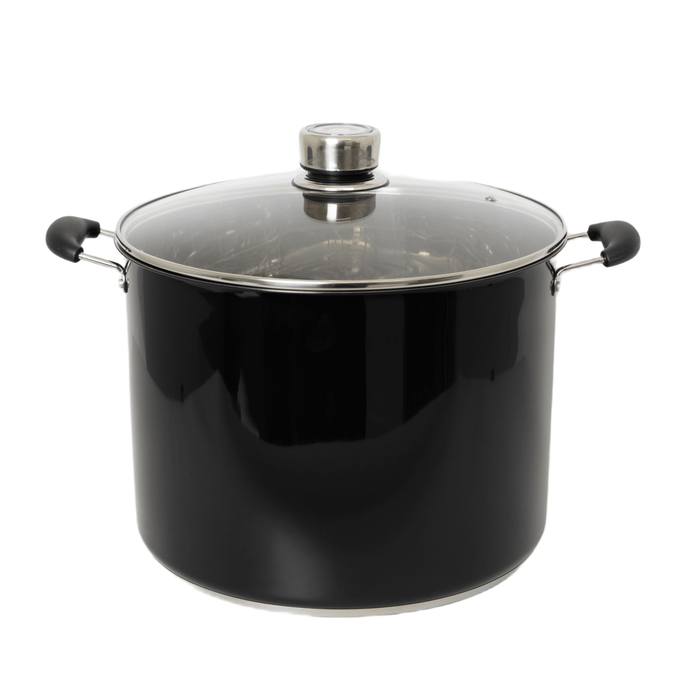 Black 21.5-quart water bath canner with glass lid featuring built-in temperature gauge and black handles, ideal for Kitchen & Food, Food Preservation, Canning, and Best Sellers collections.