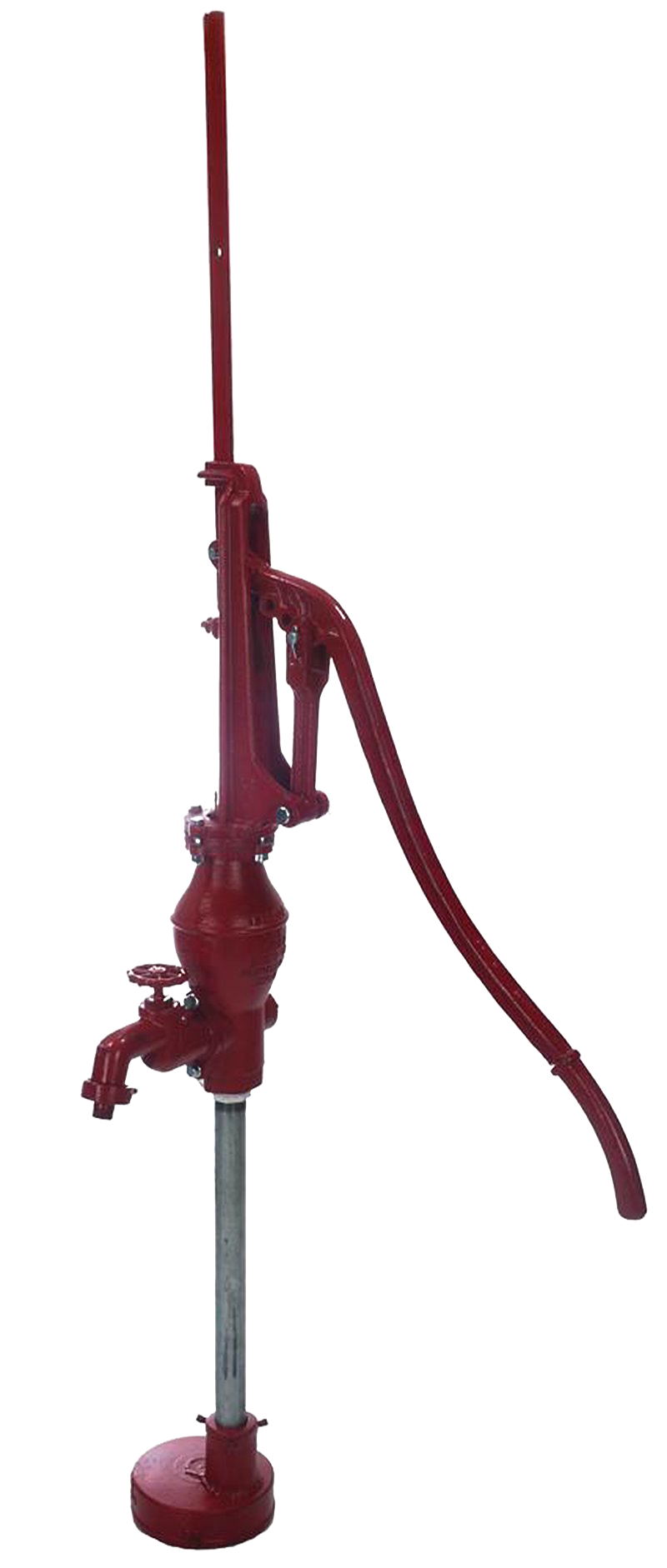 Red cast iron double-acting deep well hand pump with adjustable stroke handle and galvanized steel pipe, handcrafted and USA made, featured in Water Pumps and Heritage and Lifestyle Books collections.