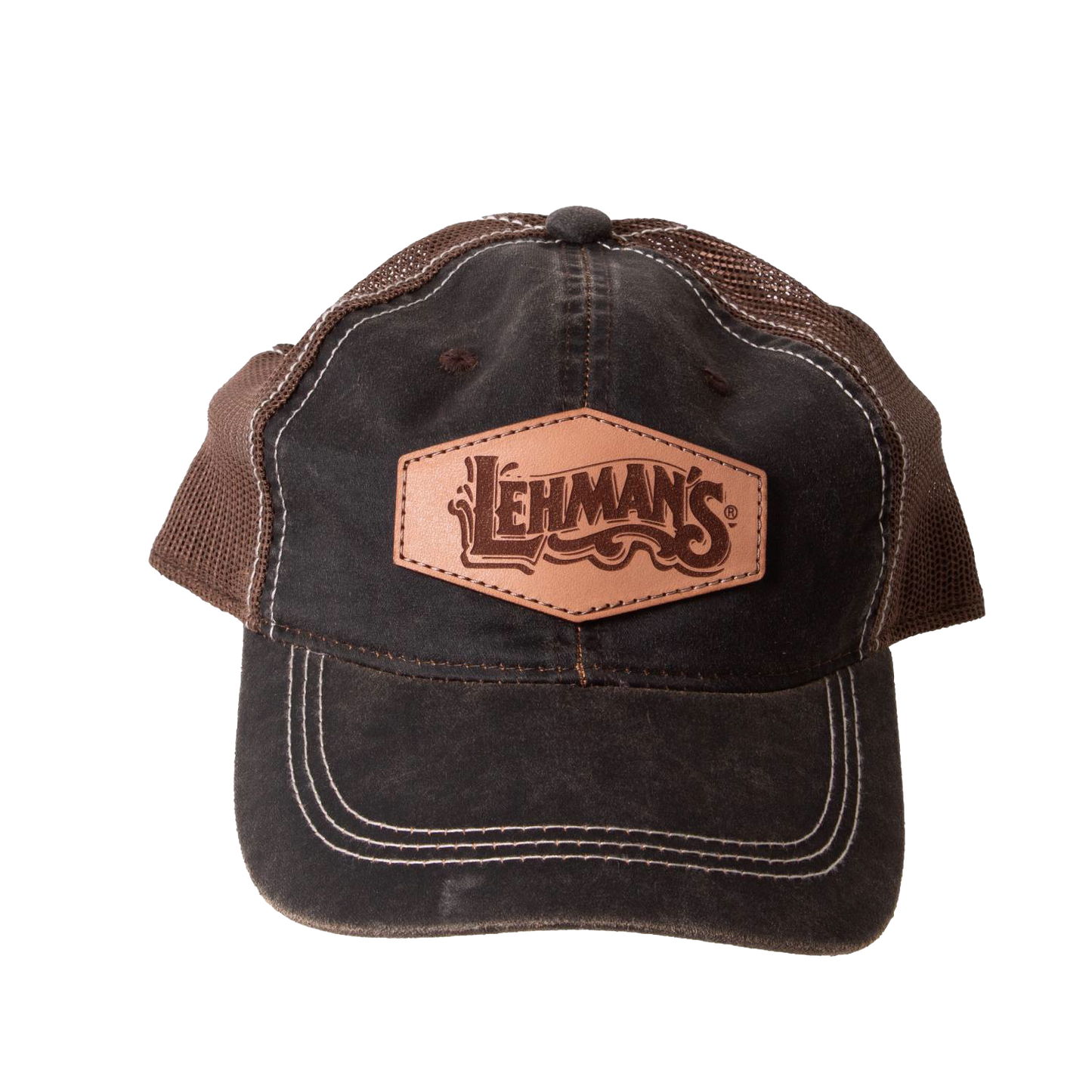 Handcrafted adjustable hat with weathered cotton front, breathable brown mesh back, and a distinctive Lehman's leather patch, featured in Health & Wellness, Clothing and Accessories, Best Sellers, and Promo Eligible collections.