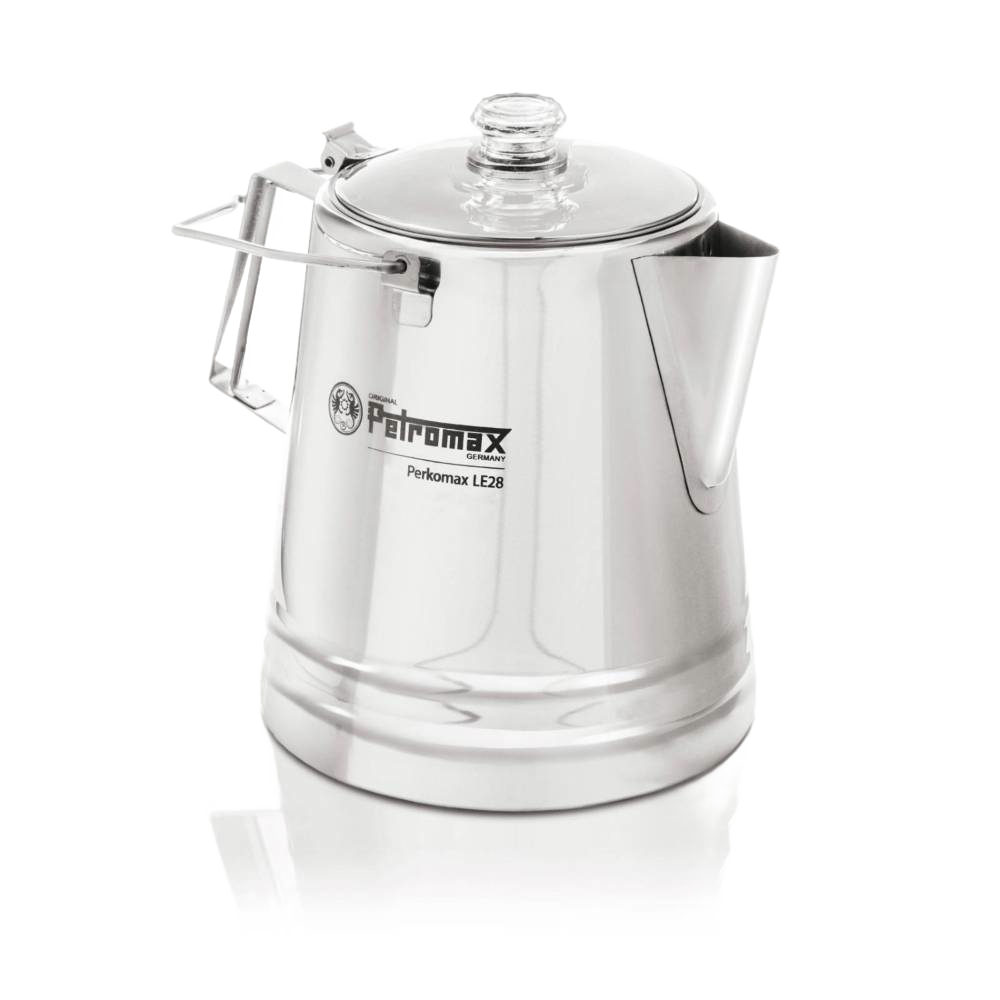 Polished stainless steel percolator with clear glass lid and foldable handle, designed for gentle coffee and tea brewing, ideal for Camping, Kitchen & Food, and Brewing Coffee and Tea collections.