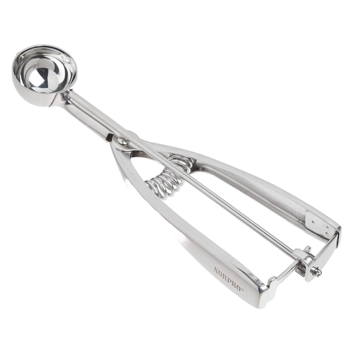 Stainless steel cookie dough scoop with a spring-loaded handle for easy, uniform scooping, handcrafted for Kitchen & Food, Cookware, Baking Supplies, and Best Sellers collections.