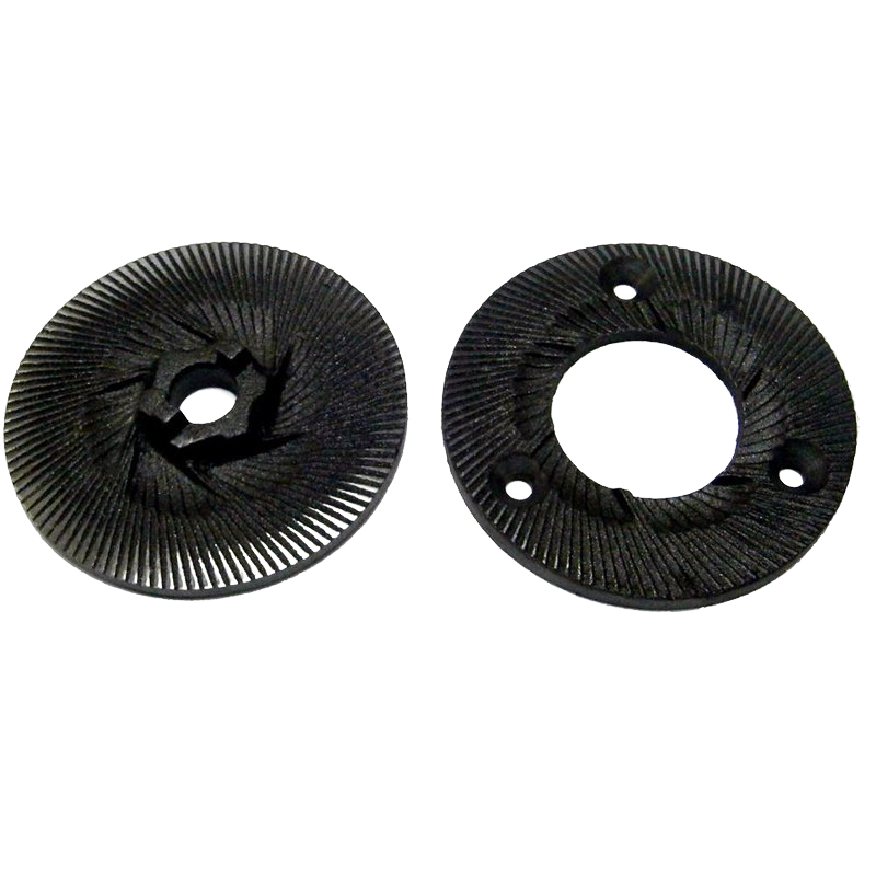 Pair of finely crafted black grinding burrs for grain mills, designed to adjust between extra fine and extra coarse grind sizes, ideal for Kitchen & Food, Grain Mills, and Bread Making Supplies collections.