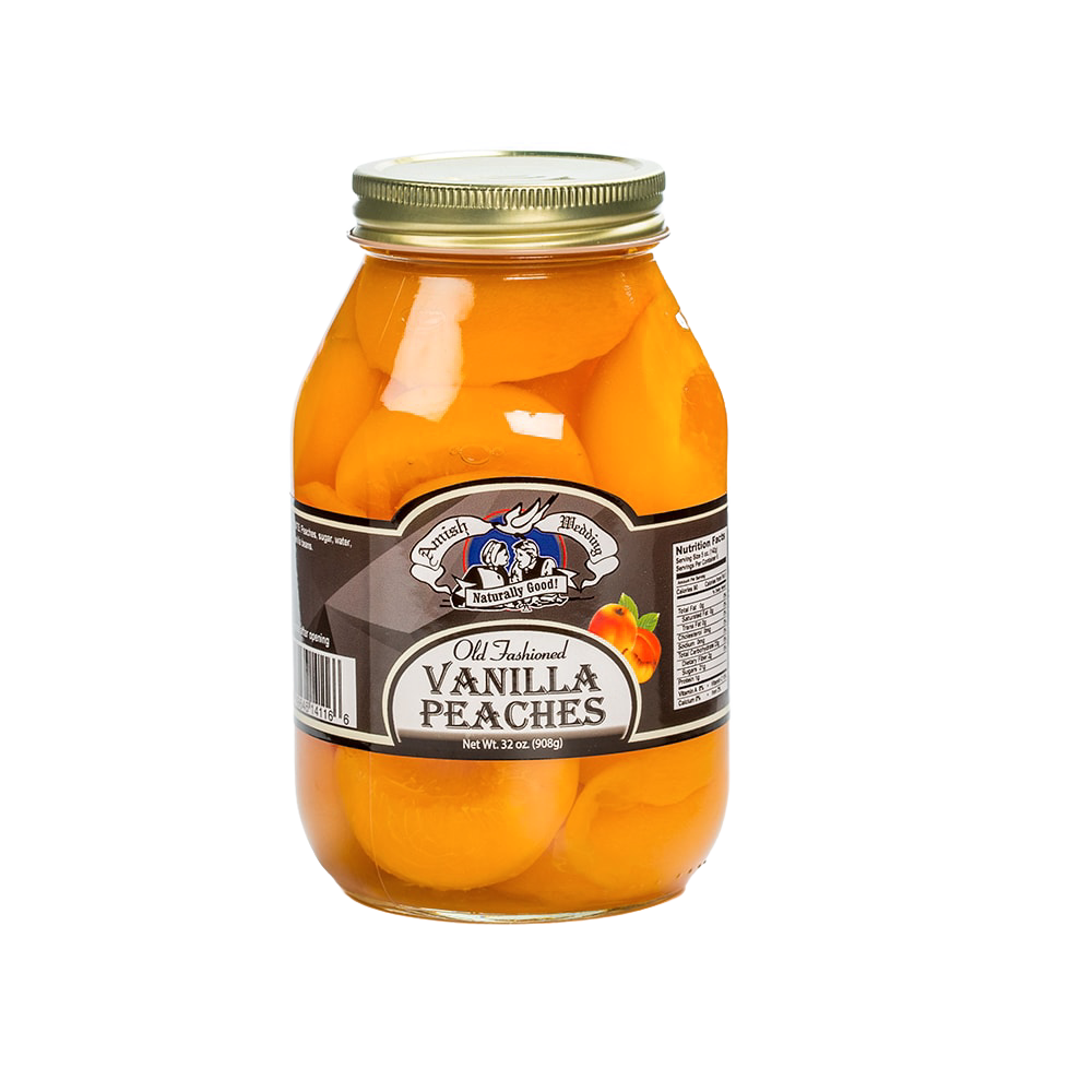 Glass jar of old-fashioned canned vanilla-flavored peaches with natural syrup, handcrafted and USA made, featured in Kitchen & Food, Food, Pantry, USA Made, Best Sellers, Promo Eligible collections.