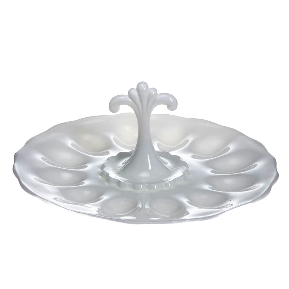 Handcrafted milk glass egg plate with central decorative handle, holds 12 eggs, designed for Kitchen & Food, Storage and Serving, USA Made, Best Sellers, and Promo Eligible collections.