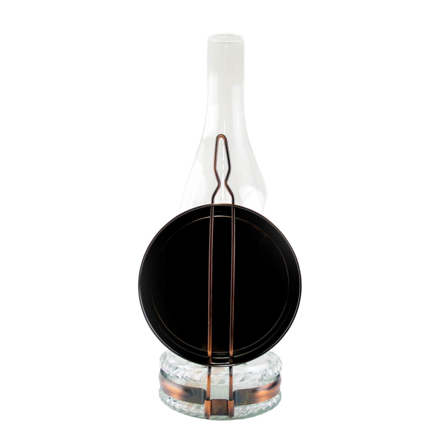 Handcrafted reflector oil lamp with clear glass base, removable copper-toned mirror reflector, and tall glass chimney, ideal for Lamps & Lighting, Oil Lamps, Wall Lamps, Best Sellers, Promo Eligible, and Sale collections.