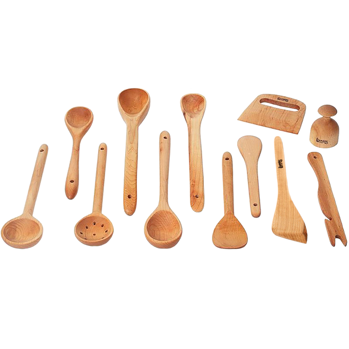 Set of handcrafted solid American Hard Maple wooden utensils including spoons, ladle, scraper, tamper, and dough cutter, ideal for Kitchen & Food, Holiday Hosting, and USA Made collections.