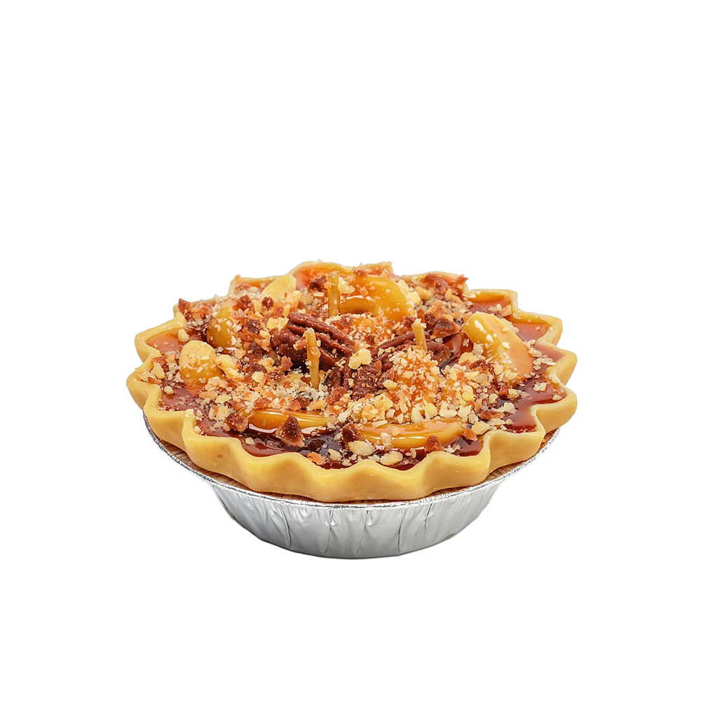 Handcrafted scented dessert candle resembling an apple pie with nut topping and realistic crust, made in USA, featured in Home & Decor, Apple Harvest Supplies, and Best Sellers collections.
