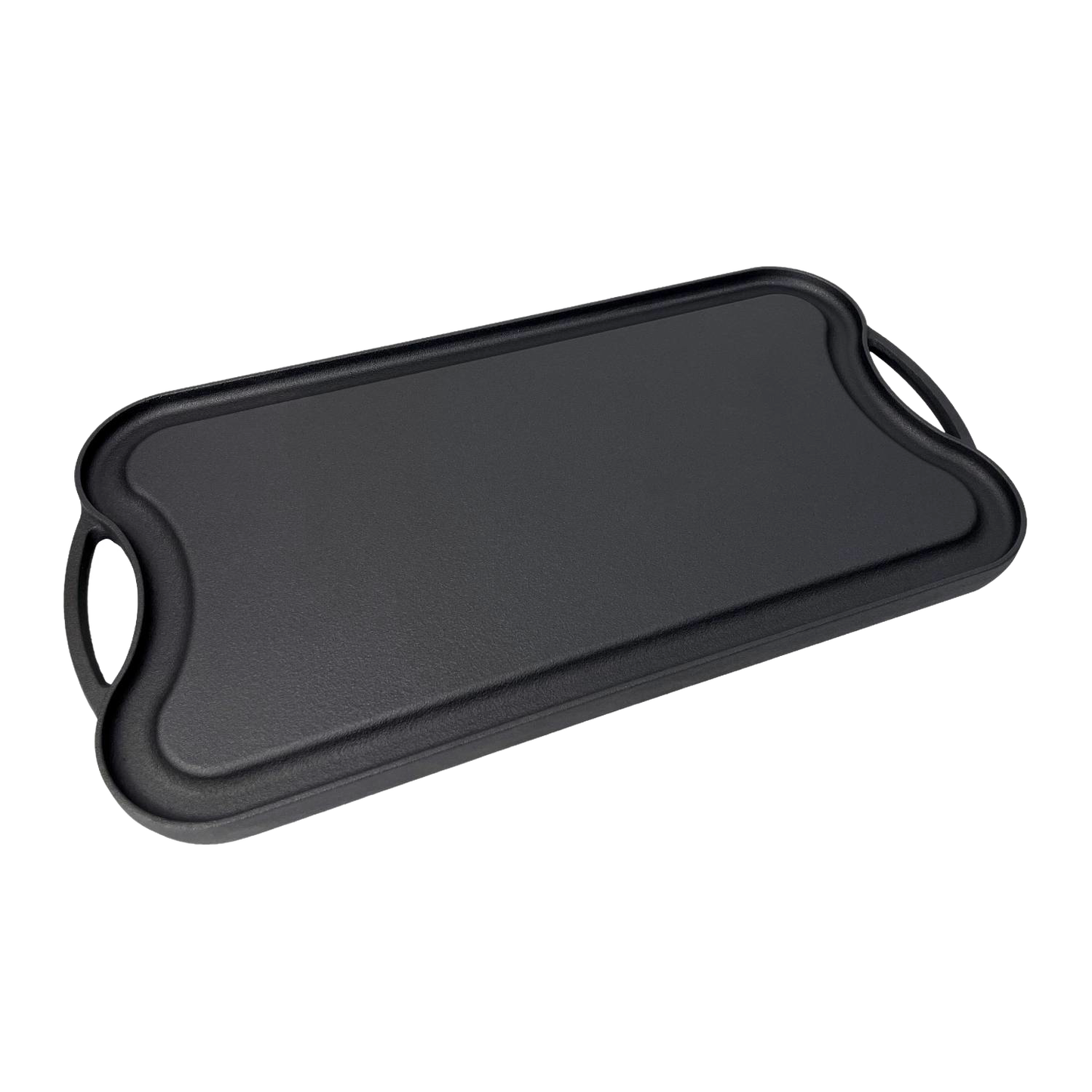 Handcrafted nitrogen hardened cast iron griddle with a smooth flat cooking surface and ergonomic handles, designed for lasting durability in Kitchen & Food, Cast Iron, and Grilling collections.