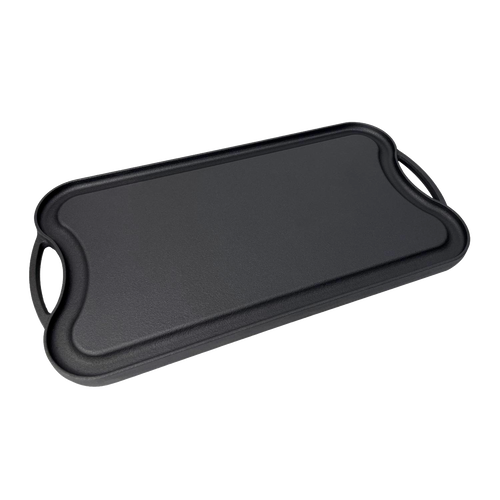 Handcrafted nitrogen hardened cast iron griddle with a smooth flat cooking surface and ergonomic handles, designed for lasting durability in Kitchen & Food, Cast Iron, and Grilling collections.