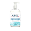 Clear plastic pump bottle of Kirk’s odor neutralizing hydrating hand wash with fragrance-free formula, made in USA, featured in Health & Wellness and Grooming collections.