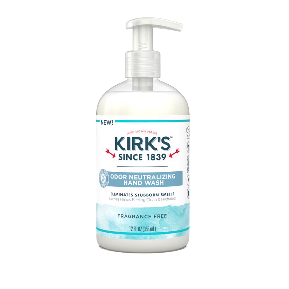 Clear plastic pump bottle of Kirk’s odor neutralizing hydrating hand wash with fragrance-free formula, made in USA, featured in Health & Wellness and Grooming collections.