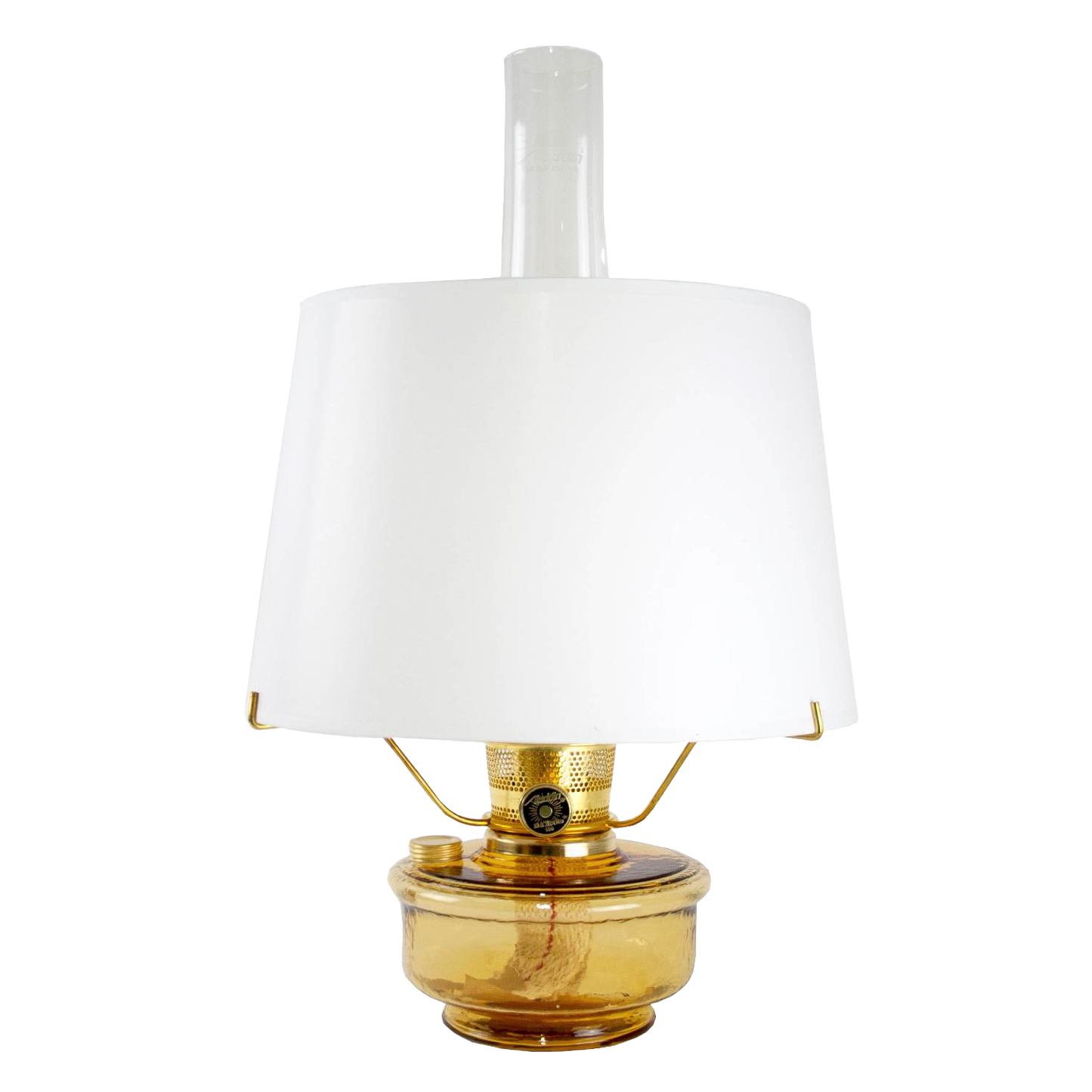 Amber glass oil lamp with white parchment shade and tripod, featuring an English-made wick, bright enough to read by, ideal for Farm, Garden & Tool, Lamps & Lighting, and Emergency Supplies collections.