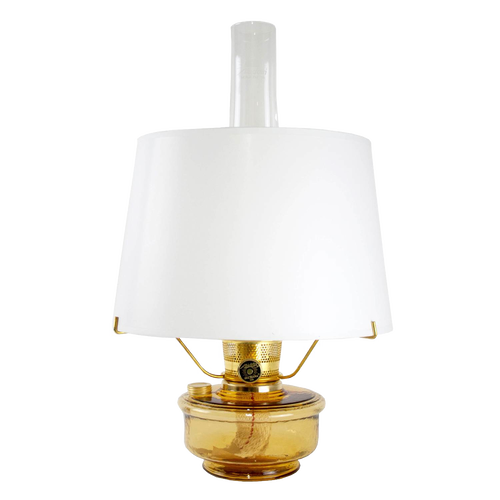 Amber glass oil lamp with white parchment shade and tripod, featuring an English-made wick, bright enough to read by, ideal for Farm, Garden & Tool, Lamps & Lighting, and Emergency Supplies collections.