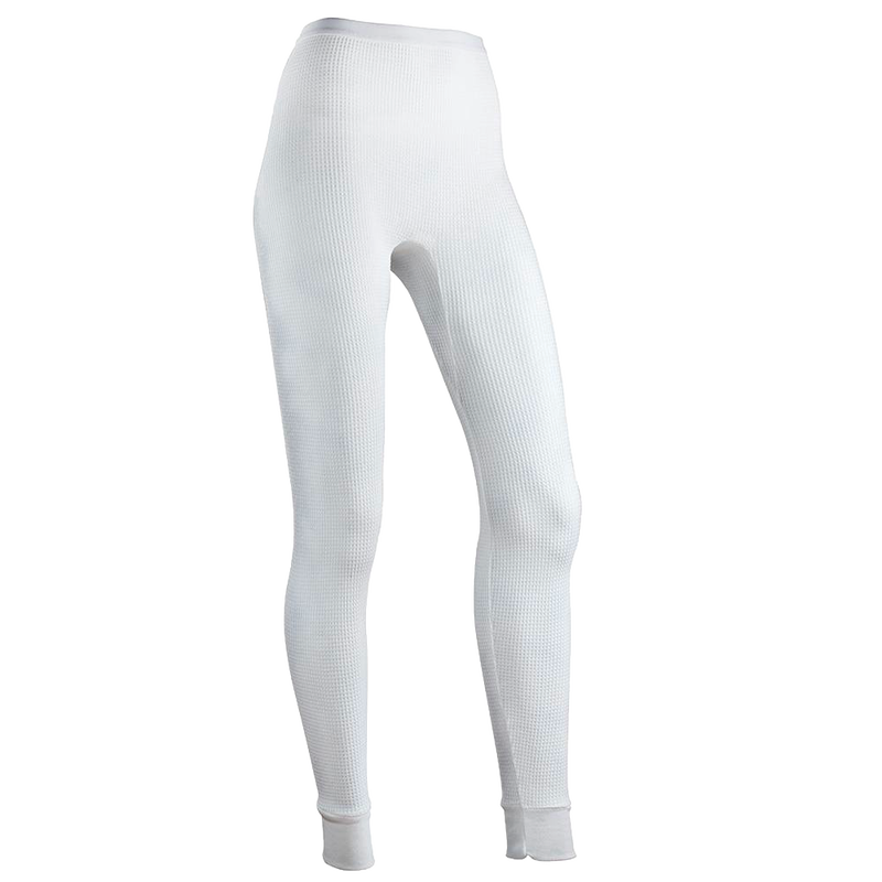 Handcrafted women's thermal pants in cotton-rich fabric featuring a circular waffle knit pattern, designed for comfort and warmth, ideal for Health & Wellness and Clothing collections.