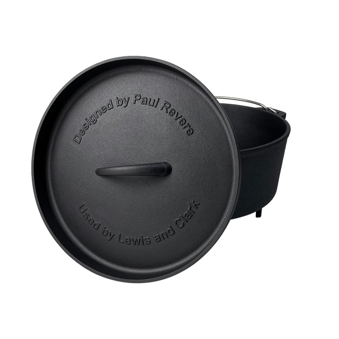 Smooth black nitrogen hardened cast iron Dutch oven with lid embossed "Designed by Paul Revere, Used by Lewis and Clark," ideal for Farm, Garden & Tool, Kitchen & Food, Camping, and Cookware collections.