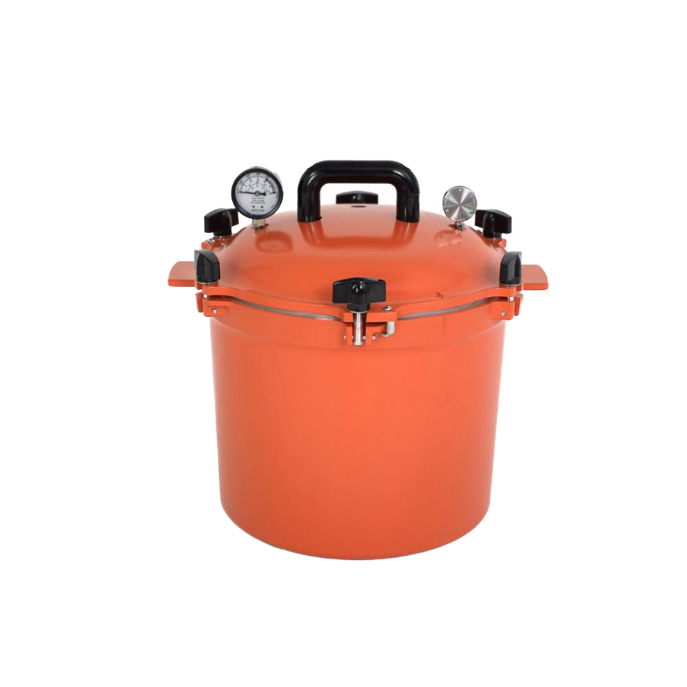 Bright orange 21.5-quart pressure canner with sturdy locking lid, pressure gauge, and comfortable handles, designed for safe food preservation in Kitchen & Food, Food Preservation, and USA Made collections.