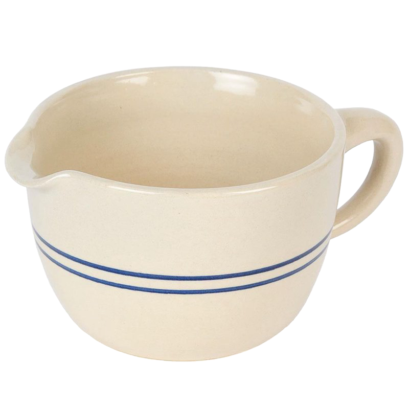 Handcrafted durable stoneware batter bowl with classic blue stripes and a pouring spout, made in USA, perfect for Kitchen & Food, Cookware, Baking Supplies, and Best Sellers collections.