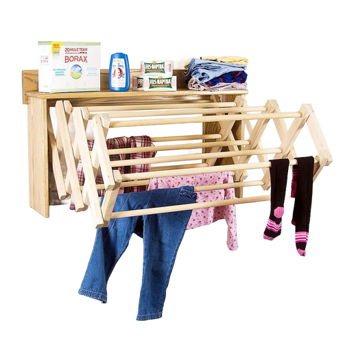 Handcrafted Amish made accordion wall clothes dryer in natural wood with multiple drying rods and a convenient top shelf, ideal for Laundry Supplies, Home & Decor, and Dryers and Drying Accessories collections.