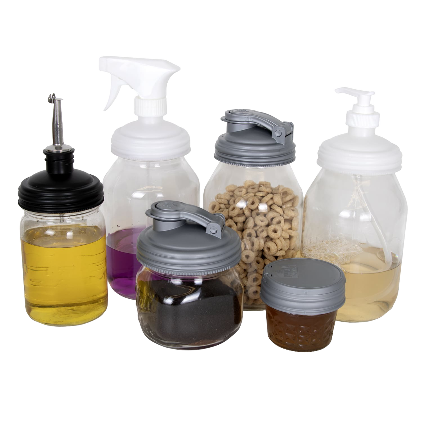 Seven-piece set of reusable gray and black Mason jar lids including pump, spray, screw, and flip-top styles, handcrafted in USA for Home & Decor, Household Helpers, and Best Sellers collections.