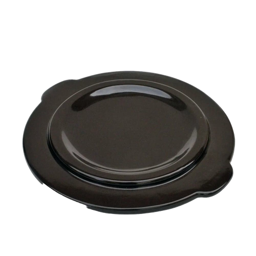 Smooth dark brown stoneware crock lid with side handles, handcrafted in the USA, designed for food preservation and fermenting in kitchen and pickling collections.