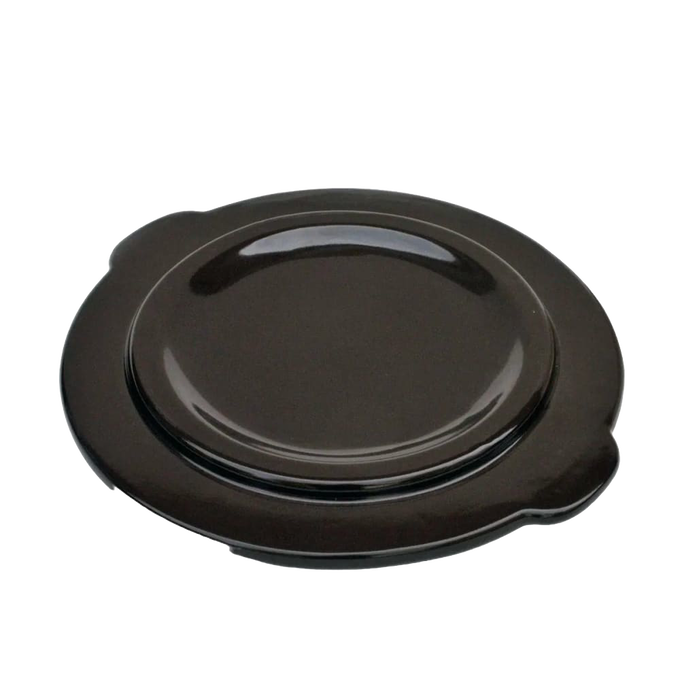 Smooth dark brown stoneware crock lid with side handles, handcrafted in the USA, designed for food preservation and fermenting in kitchen and pickling collections.