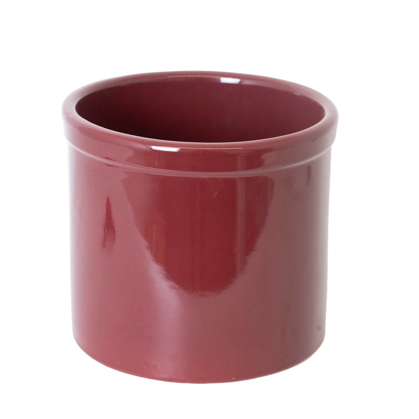 Glossy red stoneware crock with smooth, lead-free food-safe glaze, handcrafted in USA, ideal for fermenting, pickling, and kitchen use, featured in Food Preservation and USA Made collections.