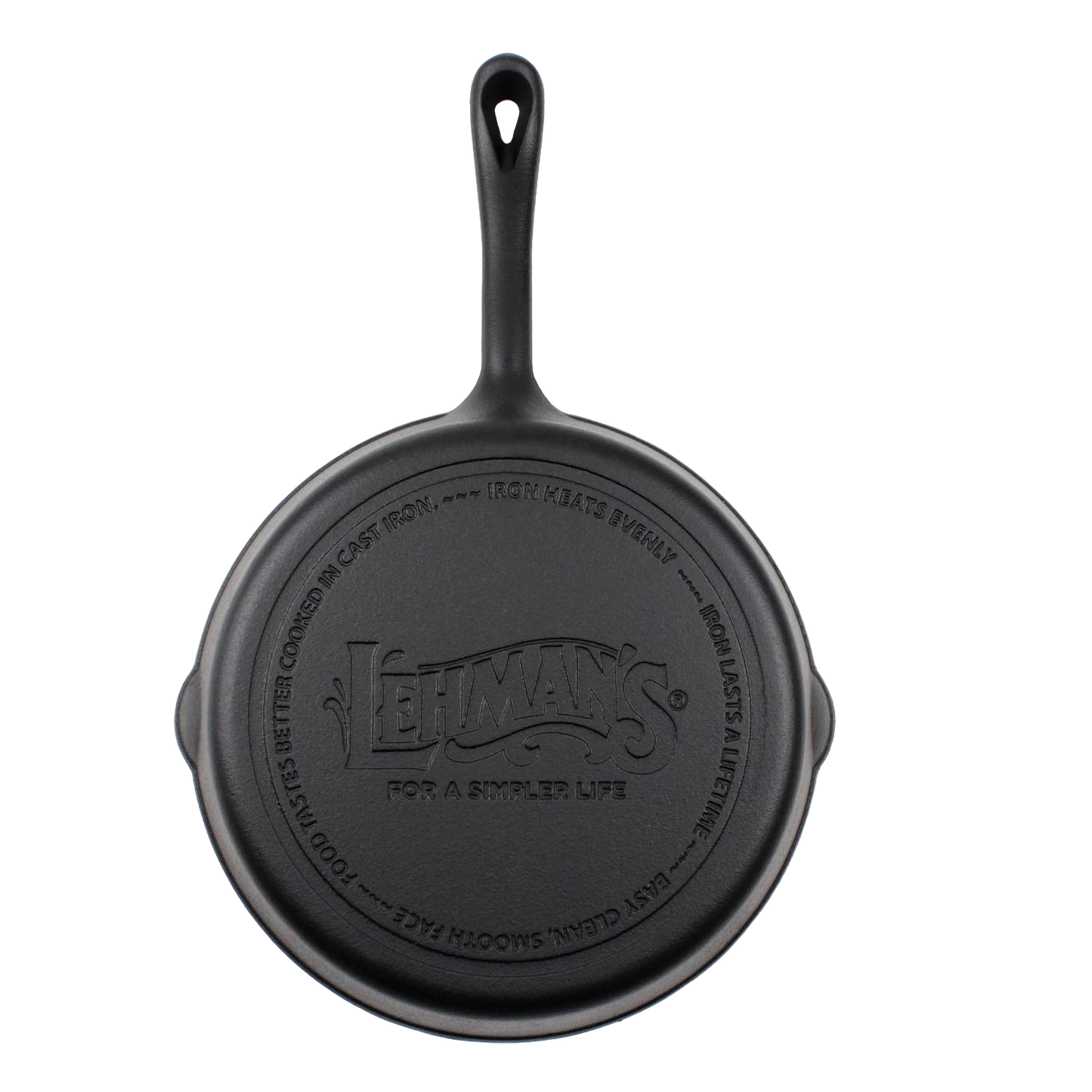 Handcrafted black nitrogen-hardened cast iron skillet with smooth finish and engraved Lehman's logo, designed for reduced sticking and durability, featured in Kitchen & Food and Cookware collections.