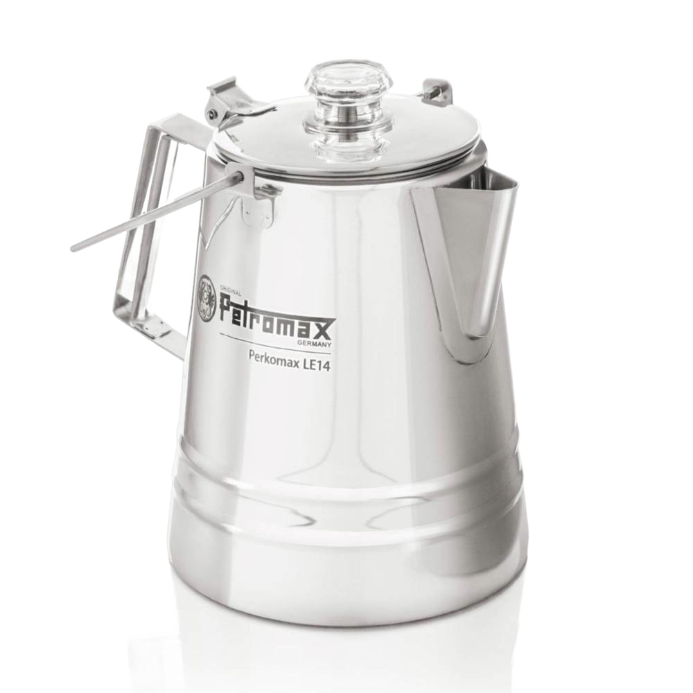 Shiny stainless steel percolator with clear glass lid knob, angular side handle, and spout, designed for gentle coffee and tea brewing in Camping, Kitchen & Food, and Brewing Coffee and Tea collections.
