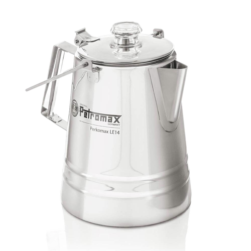 Shiny stainless steel percolator with clear glass lid knob, angular side handle, and spout, designed for gentle coffee and tea brewing in Camping, Kitchen & Food, and Brewing Coffee and Tea collections.