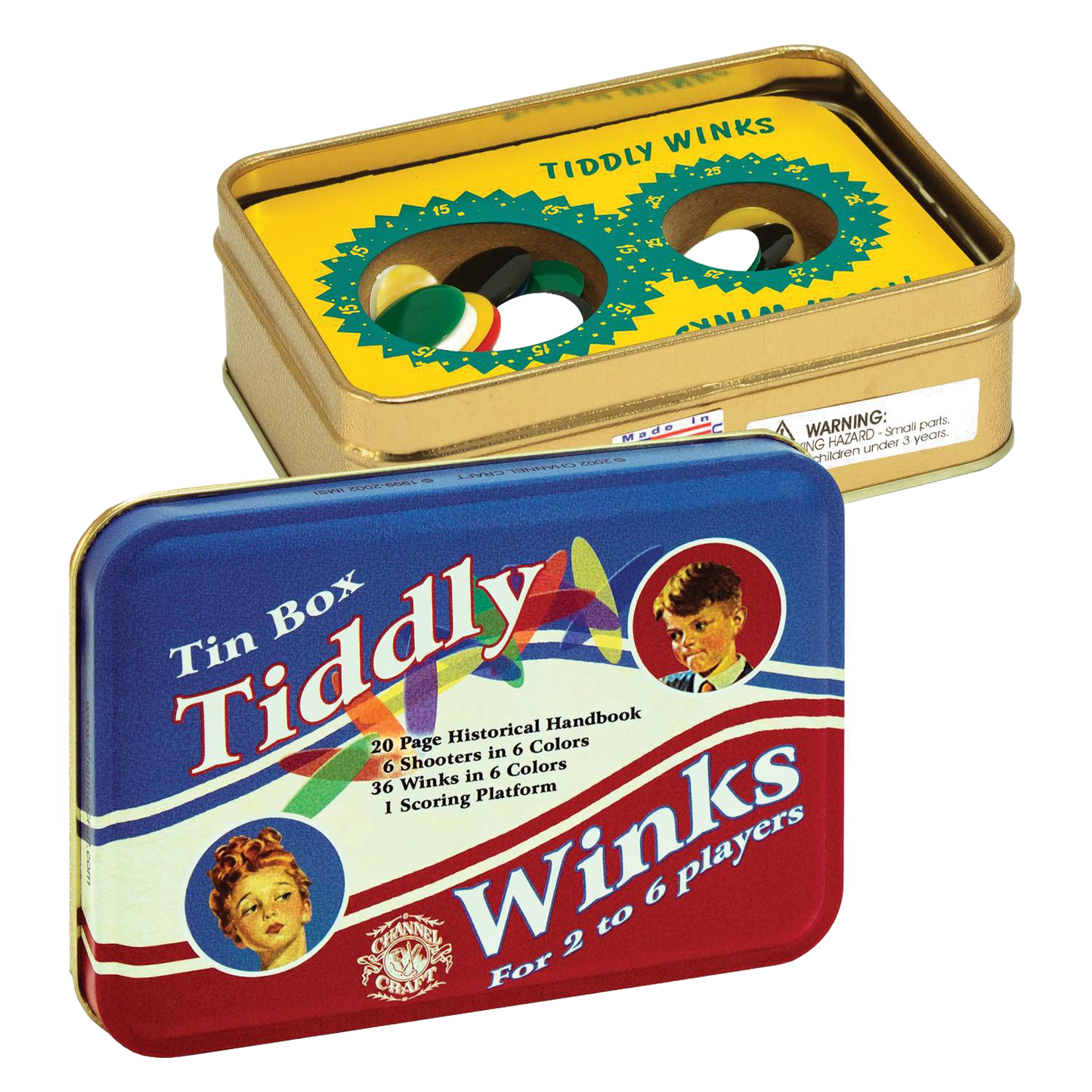 Metal tin box with a handcrafted Tiddly Winks game inside, featuring colorful winks and shooter pieces, complete with a historical handbook, made in USA, in Toys, Books & Games and Best Sellers collections.