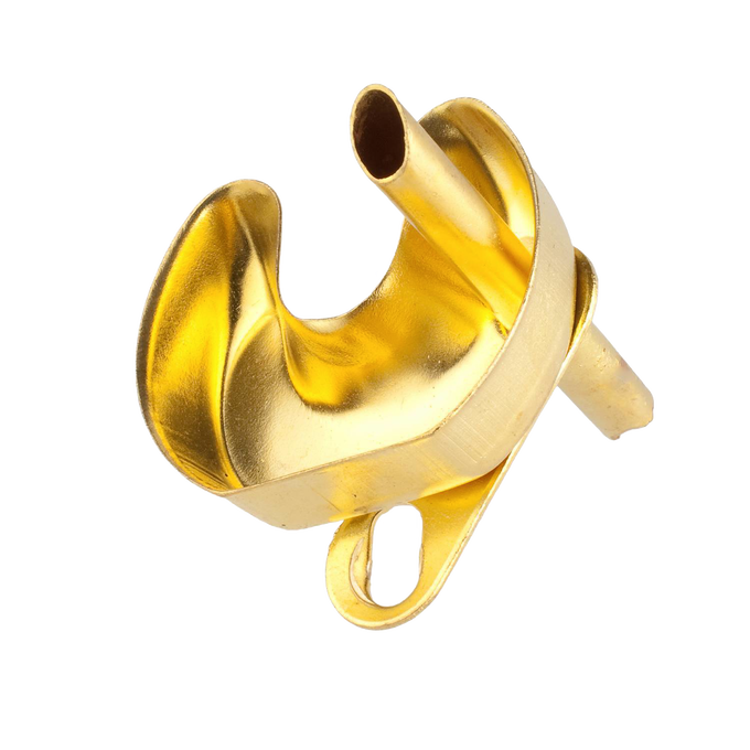 Polished brass preheating cup with a curved funnel shape and tubular spout, designed for use with lamps in Lamps & Lighting and Parts and Accessories collections.