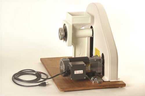 Handcrafted motorization kit with gear-reduced electric motor, pulley, belt, and mounting board for grain mills, made in USA, featured in Kitchen & Food and Bread Making Supplies collections.