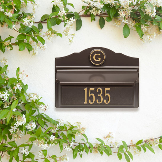 Handcrafted bronze and gold wall mount mailbox with personalized house number and initial, made in USA, enhancing curb appeal, ideal for Home & Decor and Mailboxes and Address Signs collections.