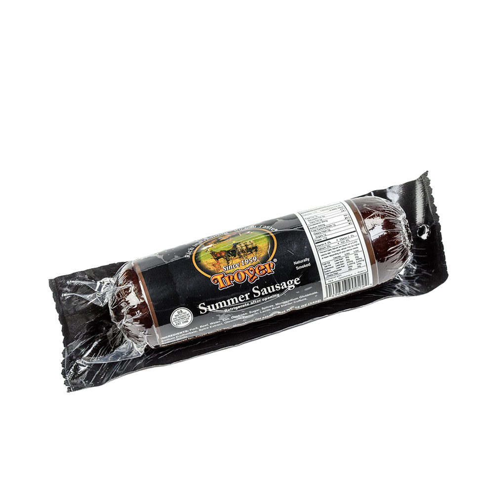 Handcrafted summer sausage from Amish Country, made in USA with a blend of pork and beef, ready-to-eat snack ideal for Kitchen & Food, Meats, Pantry, and Snacks collections.