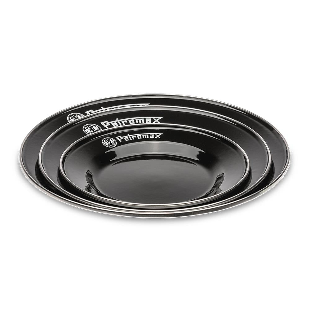Set of three black enamel plates with white Petromax logos, lightweight and heat-resistant, handcrafted for use in Farm, Garden & Tool, Kitchen & Food, Camping, Dinnerware, Best Sellers, and Promo Eligible collections.