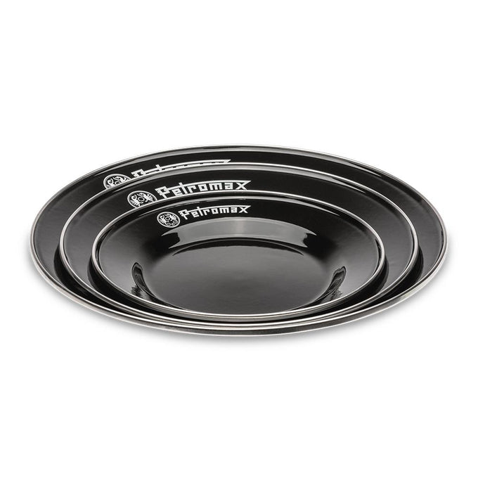 Set of three black enamel plates with white Petromax logos, lightweight and heat-resistant, handcrafted for use in Farm, Garden & Tool, Kitchen & Food, Camping, Dinnerware, Best Sellers, and Promo Eligible collections.