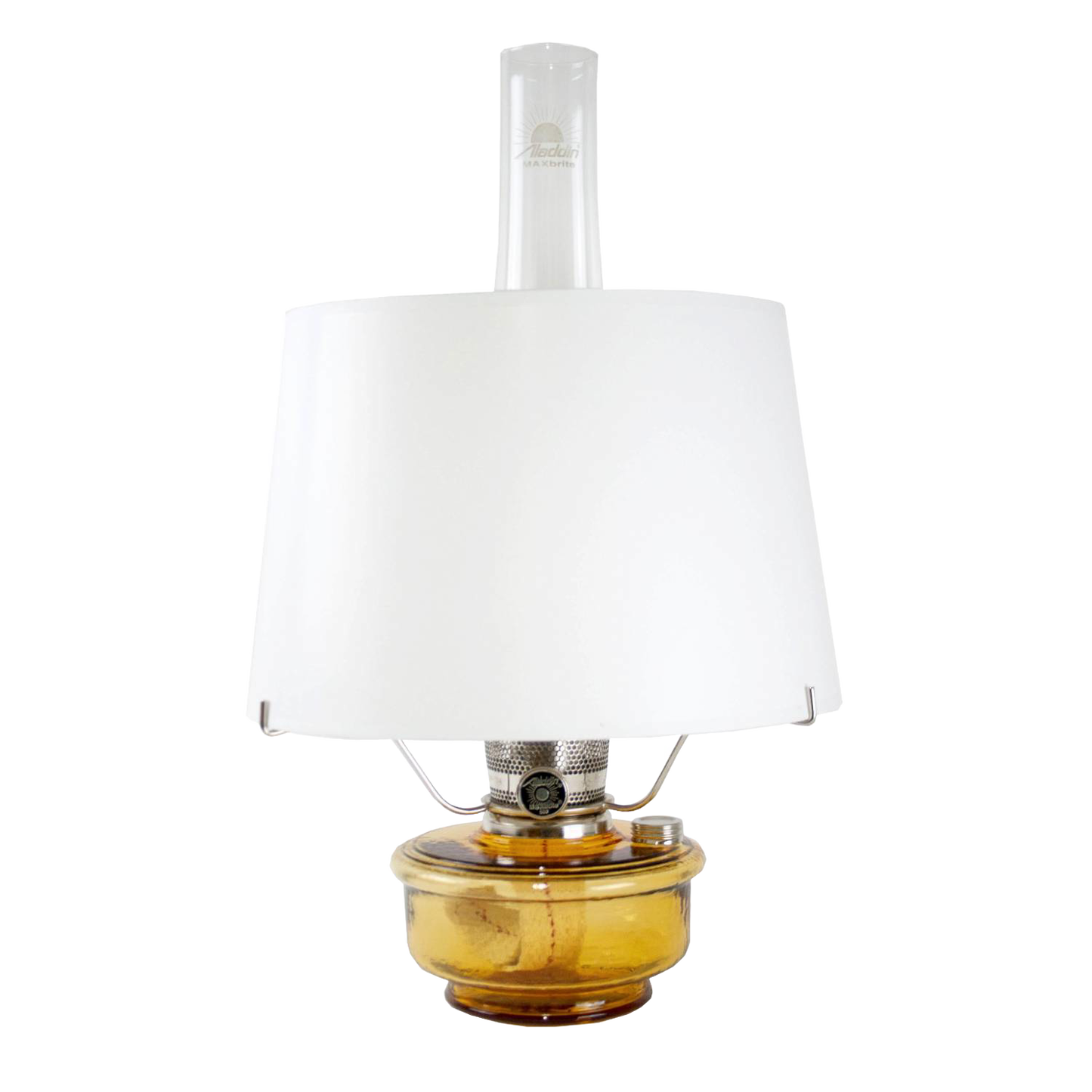 Amber glass oil lamp with a white parchment shade and metal tripod stand, bright enough for reading, featured in Farm, Garden & Tool, Lamps & Lighting, and Emergency Supplies collections.